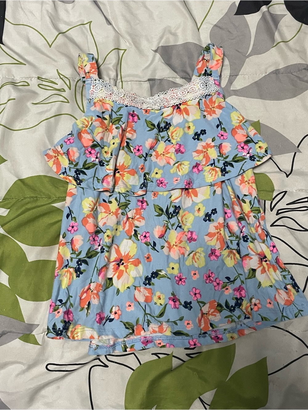 Girls Blue Floral Ruffle Tank Top with Lace Trim Size 6X